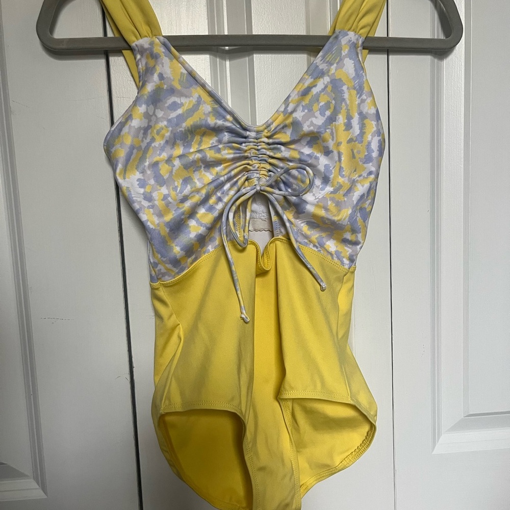 Yellow and Blue drawstring leotard. Size S